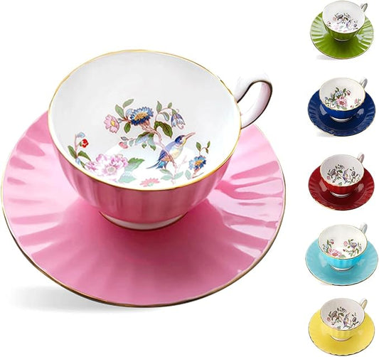 Aynsley Pembroke Glaze Oban 2-Piece Fine Bone China Teacup & Saucer - 6oz (180ml), Handpainted Floral with Gold Trim - Vintage Gift Set-Pink