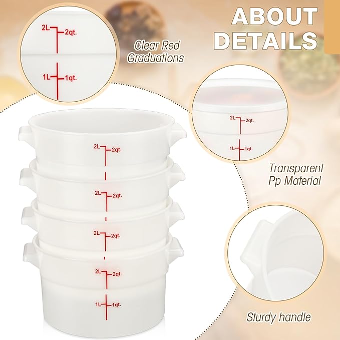 Hushee 4 Pcs Commercial Food Storage Containers Round PP Food Storage Containers with Lids for Pantry Translucent Plastic Tubs with Lids for Storage Food Safe Bucket with Scales and Handles (2 Quart)