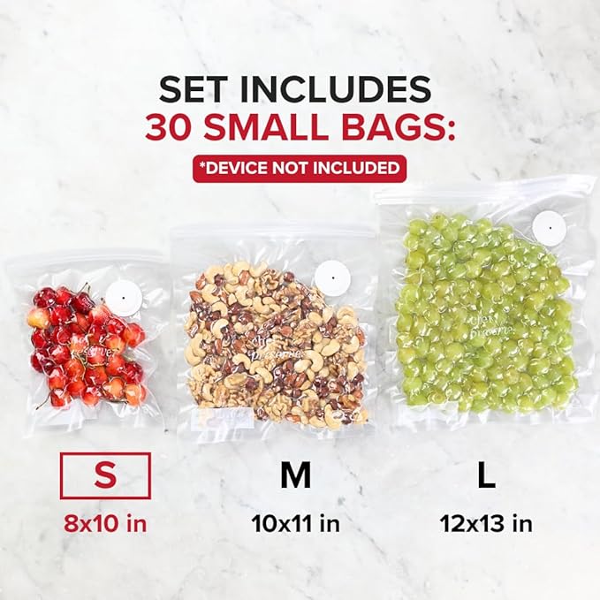 Chef Preserve Reusable Vacuum Sealer Bags for Food ??30 BPA-Free Small (8 x 10 in) Food Storage Bags, Freezer, Microwave ??Odor-Resistant, Leak-Proof ??Compatible with Chef Preserve Vacuum Sealers