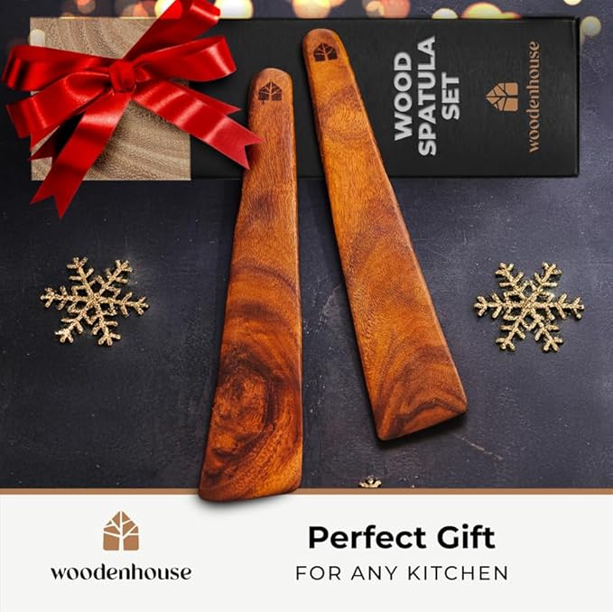 Wooden Spatula for Cooking Set of 2 ??12 Inch Teak Spatula Turner & Flipper for Cast Iron, Flat Egg & Pancake Scraper ??Utensils by Woodenhouse - White Elephant Gift ideas, Kitchen Gifts for Women Men