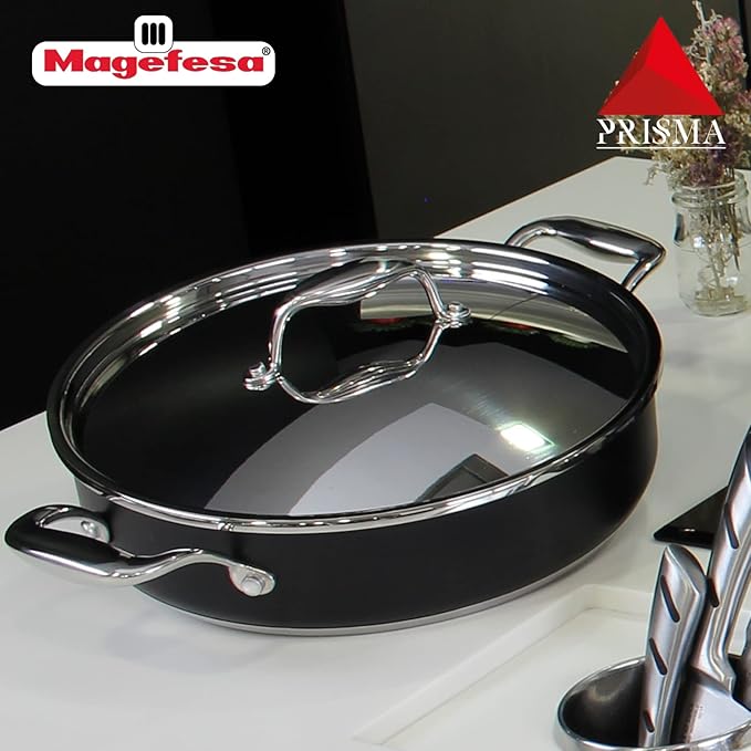 MAGEFESA Prisma 11-inch Braiser with Lid, made in 18/10 Stainless Steel, for All Types of Stovetops, including INDUCTION, Easy Cleaning, Dishwasher and Oven Safe up to 392쨘C
