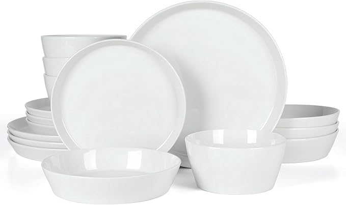 Martha Stewart Selma Chip & Scratch Resistant Dinnerware Set ??White Plates and Bowls, Durable Dishwasher and Microwave Safe Dishes Set for Everyday Use
