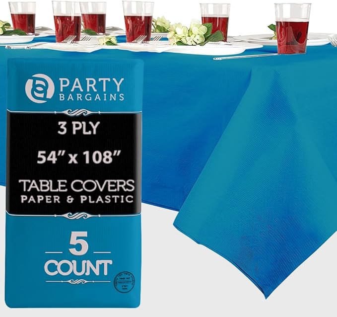PARTY BARGAINS Disposable Table Covers, 54 x 108 Inch, Blue, 3-Ply Paper & Plastic Spill-Resistant Party Tablecloths, 5 Pack