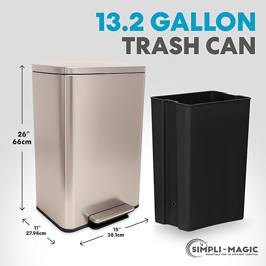 SIMPLI-Magic 13.2 Gallon (50L) Step Trash Can ??Kitchen Garbage Can with Slow-Close Lid ??Odor Control, Hands-Free, Easy to Clean, Brushed Stainless Steel (Rose Gold)