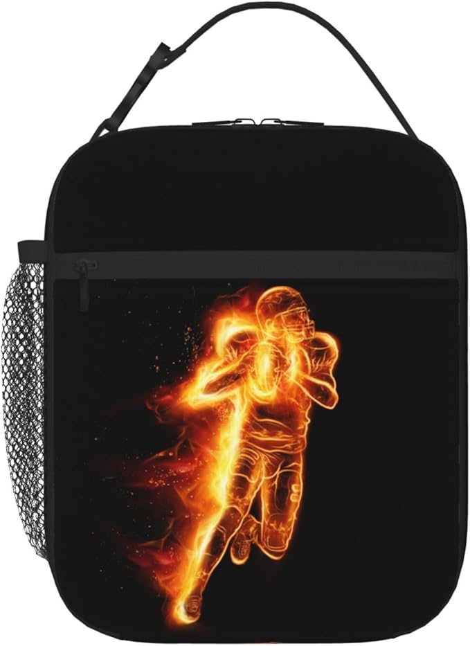 YIJIUWKIS Football Lunch Box for Kids Teens Boys Girls, Sports Insulated Lunch Bag Leakproof Portable Meal Bags with Side Pocket, Durable Reusable Tote Bag for Beach/Picnic/School/Work