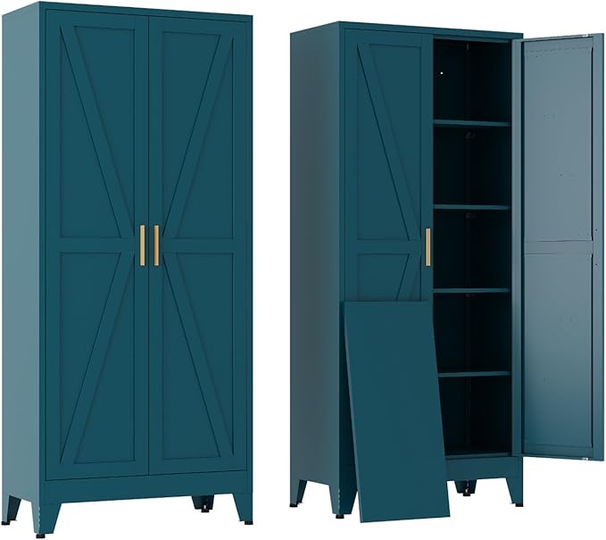 Tall Kitchen Pantry Storage Cabinet,Metal Blue Cabinets With Doors and Adjustable Shelves,Garage Storage Cabinets,Large Steel Shop Cabinet With Lock,Lockable Tool Cupboard For Living Room (Blue)
