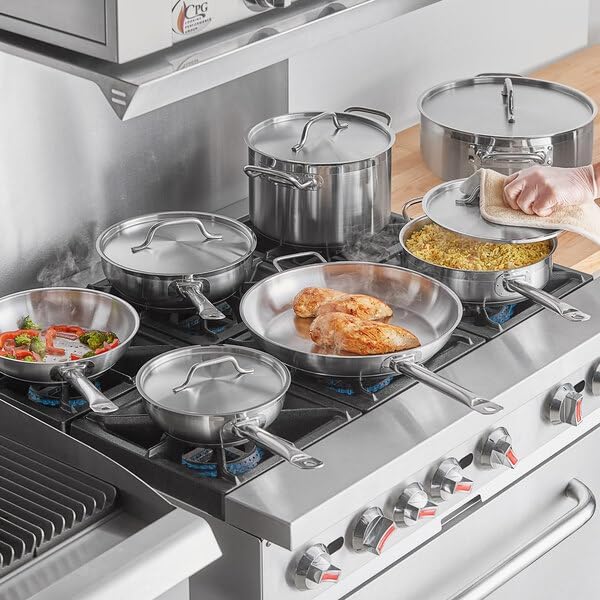 12-Piece Induction Ready Stainless Steel Cookware Set, NSF Listed, 4mm Aluminum-Clad Bottom, Silver, with Saucier Pans, Saute Pan, Brazier, Stock Pot, SS1 Series