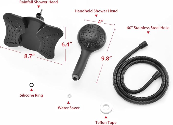 GRICH 2.5GPM Shower Heads with Handheld Spray Combo: High Pressure Rain Shower Heads with Built-in Power Wash, 9 Mode Adjustable Dual Rainfall Showerhead with Anti-Clog Nozzles and Hose, Black
