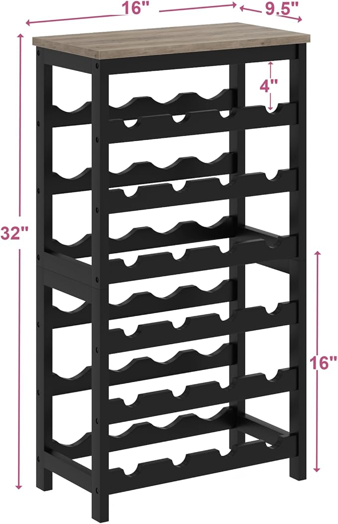 6 Tier Bamboo Wine Rack Freestanding Floor, 24 Bottles Wine Storage Shelves with Table Top, Stackable Wine Display Rack for Kitchen, Bar, Dining Room, Ivory White and Black