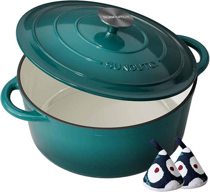 Enameled Cast Iron Dutch Oven - 6QT Pot with Lid & Cotton Potholders - Heavy-Duty Cookware for Braising, Stews, Roasting, Bread Baking, Oven Safe up to 500째F & Across All Stovetops, Bottle Green