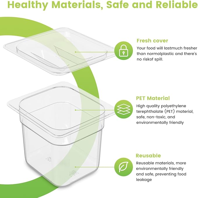 12 Pack Plastic Food Pan with Lid 1/6 Size 4 Inch Deep Restaurant Clear Food Storage Containers Polycarbonate Commercial Hotel Pans for Fruits Vegetables Beans Corns (12 PCS, 4'' Deep)