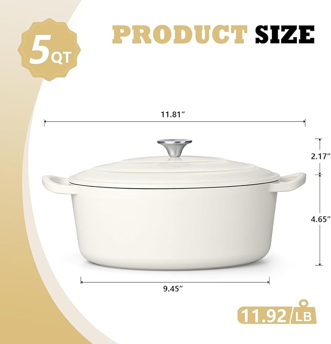 P&P CHEF Oval Dutch Oven with Lid, Enameled Cast Dutch Oven Pot for Bread Baking, Braising, Stewing, Roasting, Non-Stick & Oven Safe, Dual Handles & Easy Clean, 5QT & White