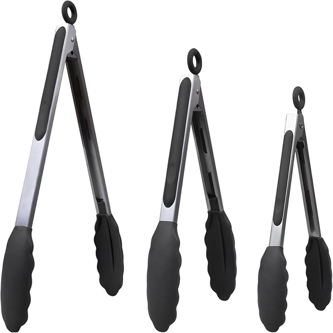 Kitchen Silicone Tongs for Cooking with Nonslip Silicone Tips, 600째F Heat Resistant Cooking Food Tong Set Heavy Duty Stainless Steel Handle for Baking Grilling Serving, 3 Pack (7" & 9" & 12")