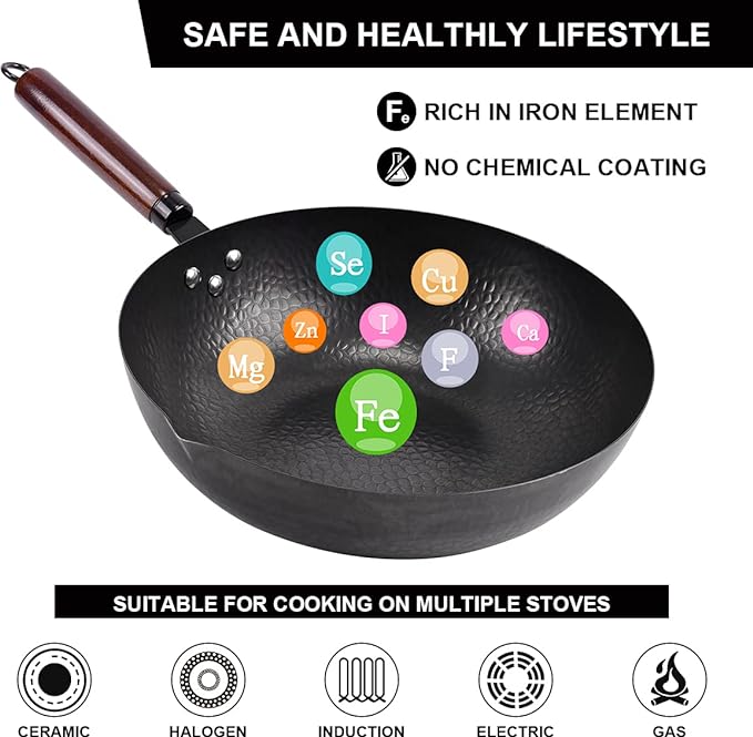 12.8" Carbon Steel Wok-11Pcs Woks & Stir Fry Pans Wok Pan with Lid, No Chemical Coated Chinese Woks with 10 Cookware Accessories, Flat Bottom Wok for Electric, Induction,Gas Stoves
