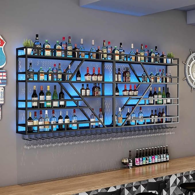 Wall Mounted Wine Rack, Large Metal Wine Bottle Holder, Modern Fashion Diamond Shaped Floating Bar Unit Wine Storage Shelves, for Home Restaurant Bars Decor (Black, 4 Tier - 95in)