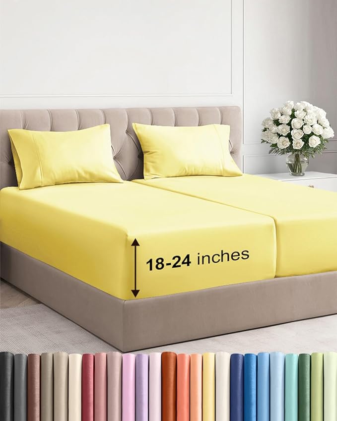 Extra Deep Pocket Split King Sheets - 5 Piece Breathable & Cooling Bed Sheets - Hotel Luxury Bed Sheet Set - Soft, Wrinkle Free & Comfy - Easily Fits Extra Deep Mattresses - Deep Pocket Yellow Sheets