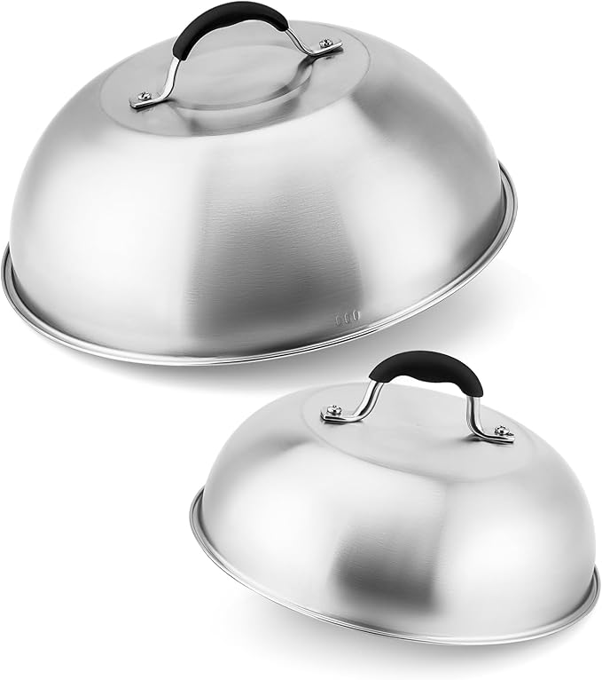 only fire Chesse Melting Dome,9 Inch &12 Inch Heavy Duty Round Basting Steam Cover,Stainless Steel Griddle Accessories for Flat Top Griddle Grill Indoor or Outdoor,2PCS,Dishwasher Safe
