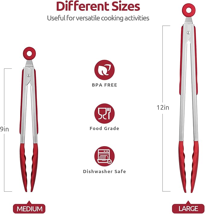600쨘F Heat Resistant Kitchen Tongs: U-Taste 9+12 inch Silicone Cooking Tong Set with Firm Sealed Non Stick Rubber Tips and Silicon Coated 18/8 Stainless Steel Handle for Serving Grilling Salad(Red)