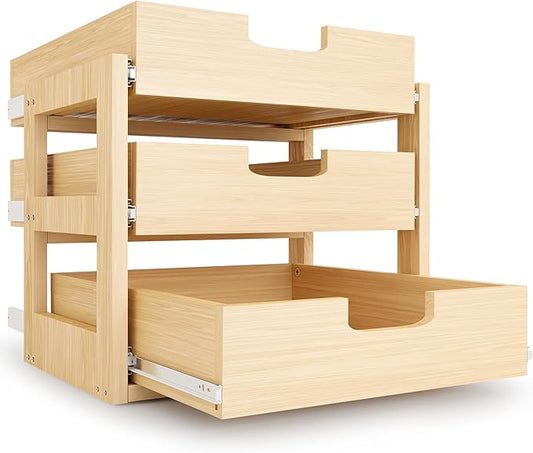 Pull Out Cabinet Organizer, 26''W횞21''D횞19''H Soft Close Slide Out Wooden Pull out Drawers, Three Tier Slide out Wood Cabinet Organizer, for Base Cabinet Organization in Kitchen, Pantry, Bathroom