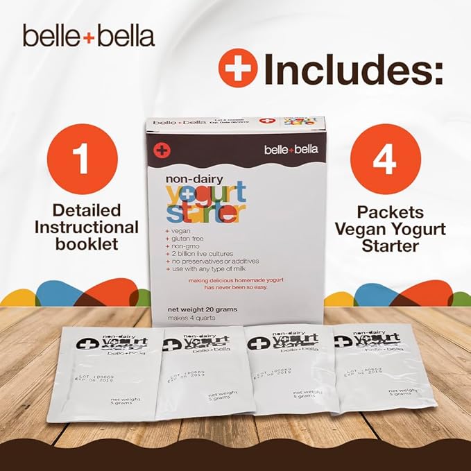 Belle + Bella Non-Dairy Vegan Yogurt Starter - Gluten Free, No Added Sugar, Non GMO - Makes 4 Quarts Vegan Yogurt - 2 Billion Live Cultures - Mix with Any Dairy Free or Dairy Milk - 1 Box