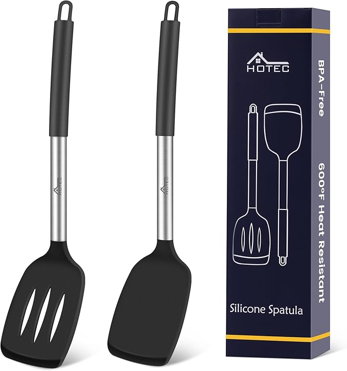 HOTEC Silicone Spatula Set of 2 Heat-Resistant 600째F & BPA-Free Kitchen SaptulaTurner with Stainless Steel Handles, Slotted & Solid Spatulas for Nonstick Cookware, 13.7 Inch, Black