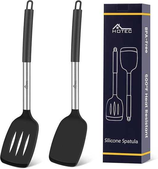 HOTEC Silicone Spatula Set of 2 Heat-Resistant 600째F & BPA-Free Kitchen SaptulaTurner with Stainless Steel Handles, Slotted & Solid Spatulas for Nonstick Cookware, 13.7 Inch, Black