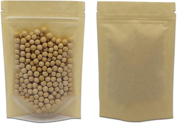 FERENLI 50 Pcs 3.9x5.9 inch (Inside Size 3.1x3.3) Clear Front Brown Kraft Paper for Zip Plastic Package Lock Bag Doypack Stand Up Pouch Reclosable Pouch Nuts Coffee Food Storage Packaging Pack