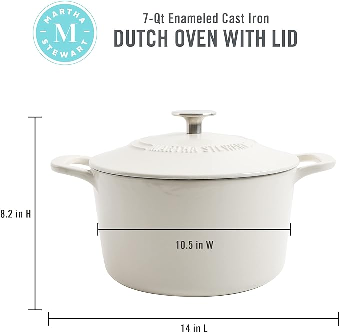 MARTHA STEWART Gatwick 7-Quart Enamel Cast Iron Dutch Oven ??Linen Color with Silver Knob ??Durable Heavy-Duty Dutch Oven for Slow Cooking and Braising