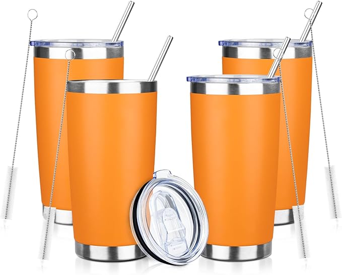 ATIKZHE 20oz Tumbler with Straw and Brush, Stainless Steel Vacuum Insulated tumbler, Double Wall Insulated Coffee Tumbler for Outdoor, Home, Travel,Office (Orange,4pcs)