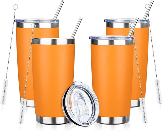 ATIKZHE 20oz Tumbler with Straw and Brush, Stainless Steel Vacuum Insulated tumbler, Double Wall Insulated Coffee Tumbler for Outdoor, Home, Travel,Office (Orange,4pcs)
