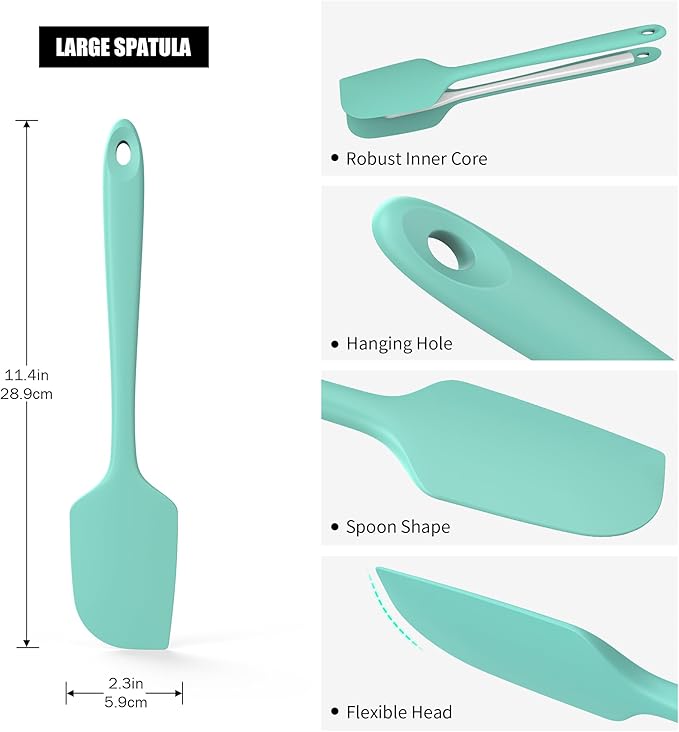 600째F Heat Resistant Silicone Spatula, Doosu High Temp Flexible Kitchen Rubber Bowl Scrapers Food Grade Seamless Baking Supplies Scratch-Proof for Scraping Non-Stick Pans (11.4in, Aqua Sky)
