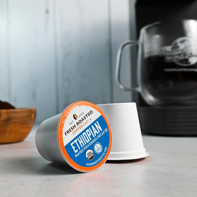 Fresh Roasted Coffee, Organic Ethiopian Sidamo Water-Processed Decaf | USDA Organic, 100% Single Origin, Kosher | Medium Roast 72 Pods for K Cup Brewers