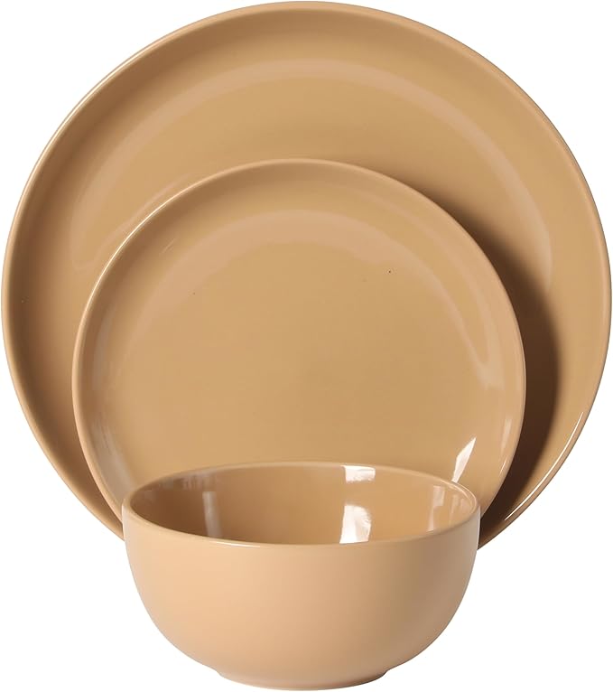 Gibson Home Rockaway 12-Piece Round Stoneware Dinnerware Set, Service for 4 ??Beige Plates and Bowls, Modern Matte Finish, Microwave & Dishwasher Safe