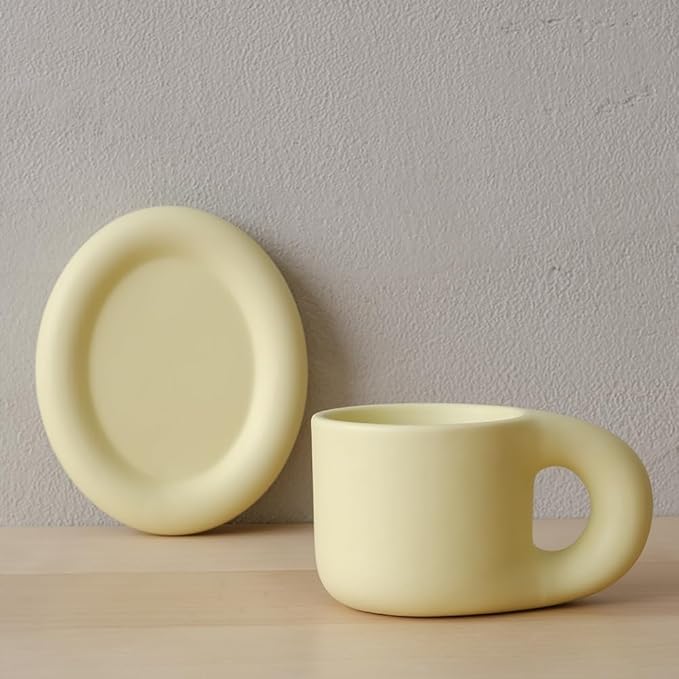 WENSHUO Chubby Funny Coffee Mug, Novelty Cute Cup and Saucer, Matte Yellow, 9 oz