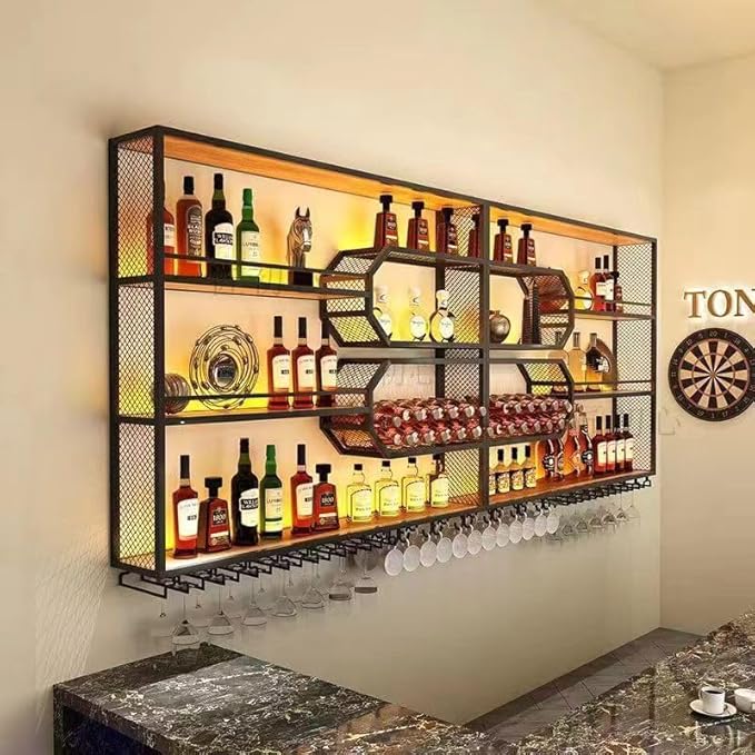 118 Inch 4-Tier Wine Rack Wall-Mounted & Large Bar Shelf for Liquor Bottles, Black Metal Storage for Wine and Liquor Bottles in Home Bars or Dining Rooms (No Lighting)