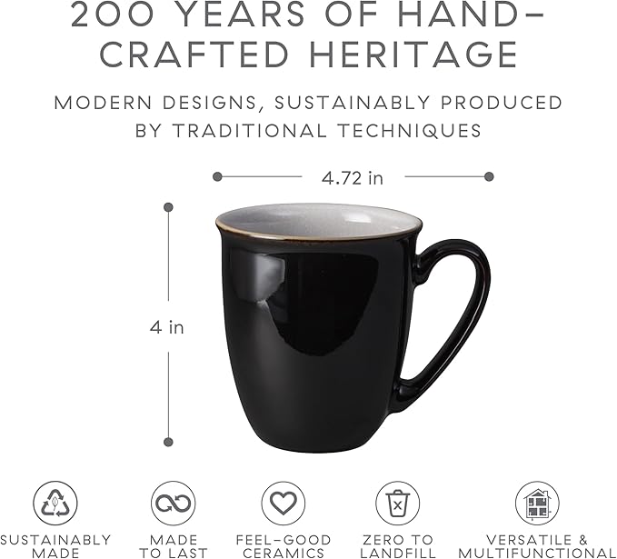 Denby - Elements Black Large Coffee Mug Set of 4-11.15oz Stoneware Tea Cup Mug Set For Office & Home - Dishwasher Safe, Microwave Safe - Ceramic Tea Cups With Black White Glaze, Chip Resistant