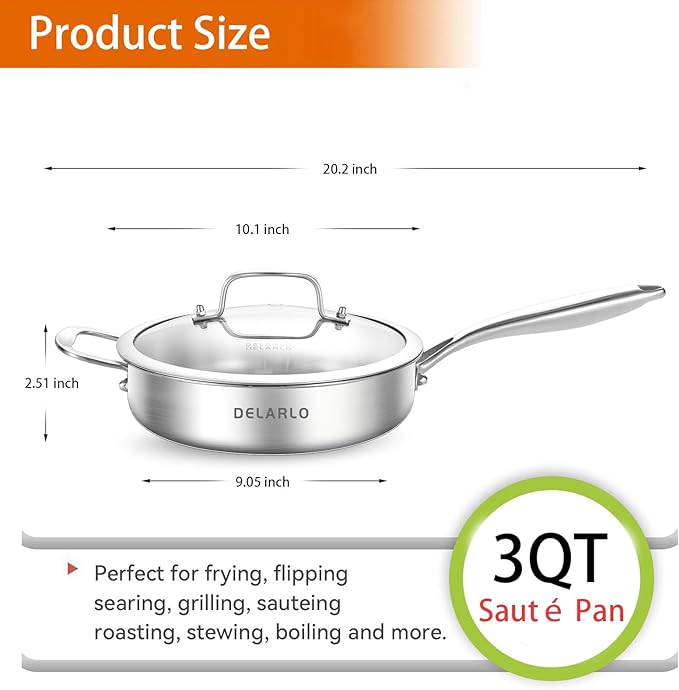 DELARLO Tri-Ply Stainless Steel 10 Inch Frying Pan,3 Quart Saut챕 Pan with lid,Compatible with All Cooktops,Oven Up to 660??Chicken Fryer,Dishwasher-Friendly