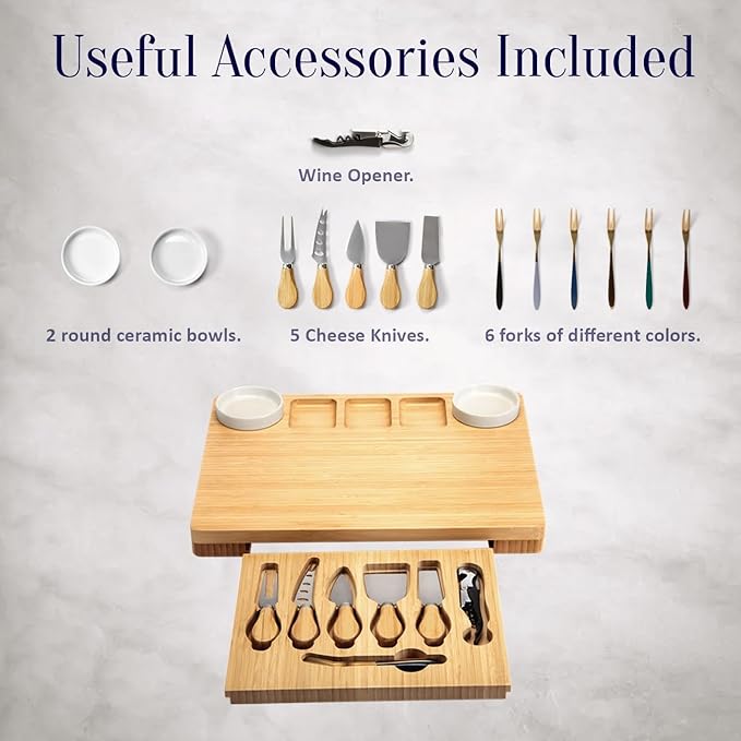 Charcuterie Board and Cheese Board Set with Knives, Bowls, Color Forks & Wine Opener ??Premium Appetizer Platter with Compartments, Eco Friendly Charcuterie Accessories for Stylish Hosts.