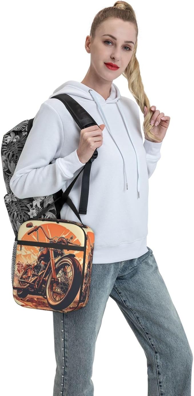 VANZEV Insulated Lunch Box for Women Men, Vintage Motorcycle Theme Lunch Box Reusable Portable Lunch Bag Cooler Tote Waterproof Lunch Container for Office Picnic Work Travel