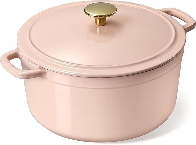 CAROTE 5QT Enameled Cast Iron Dutch Oven Pot with Lid, Heavy-Duty Dutch Ovens for Sourdough Bread Baking, Braising, Roasting, Dual Handles, Healthy & Non-Toxic, All Stovetop Compatible, Oven Safe up to 500째 F, Macaron Pink