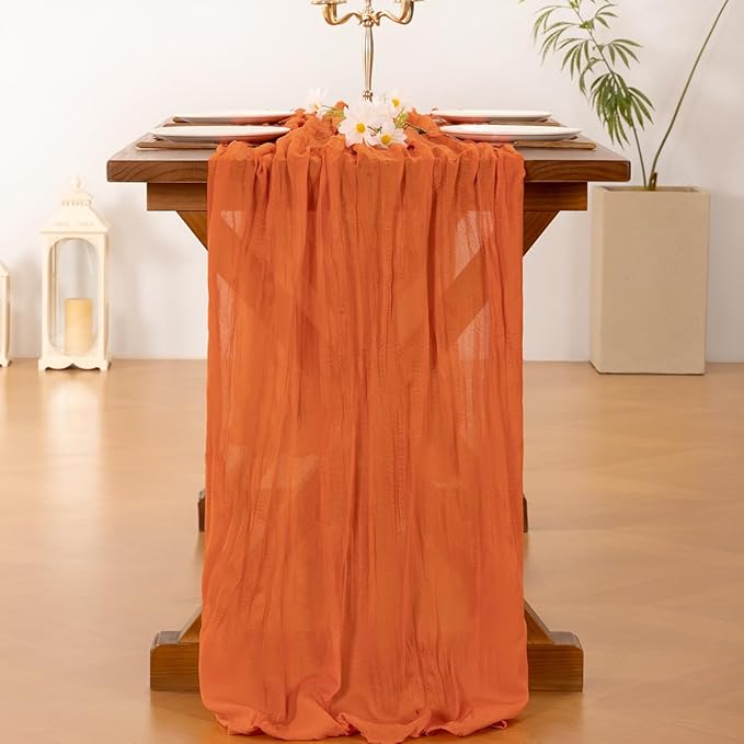 Socomi 6pcs Orange Cheesecloth Table Runner Valentine's Day Boho Rustic Gauze 120 inch 10FT Cheese Cloth Runner for Wedding Party Baby Shower Birthday Home Decor Holiday Decorations