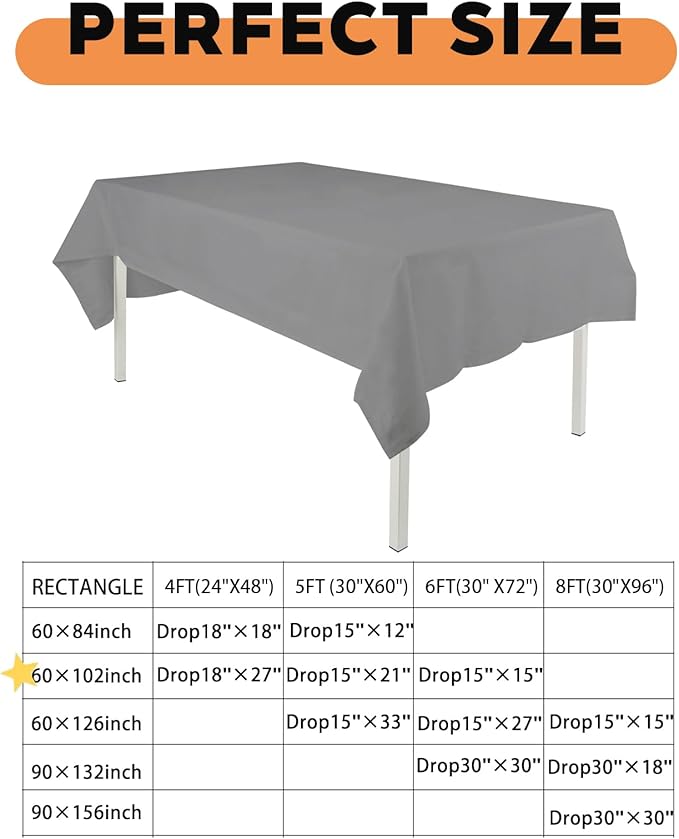 TWINPRET Rectangle Tablecloth 60 x 102 Inch, Grey Waterproof Washable Polyester Table Cloth - Stain & Oil Resistant Rectangular Table Cover for Banquet & Party (Fits 6 Foot Tables) [2 Pack]
