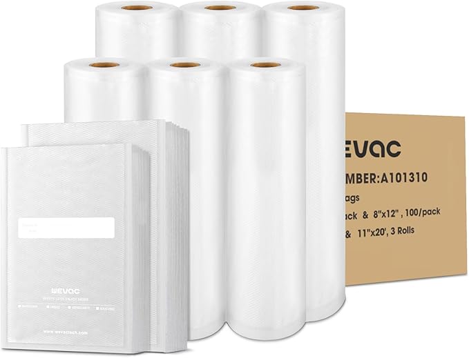 Multi-Size Sealing Solution Vacuum Sealer Bags & Rolls ??100x 6''x10'', 100x 8''x12'', 3 Rolls 11''x20', 3 Rolls 8''x20' ??Premium Commercial-Grade for Food Storage, Meal Prep, & Sous Vide, Wevac