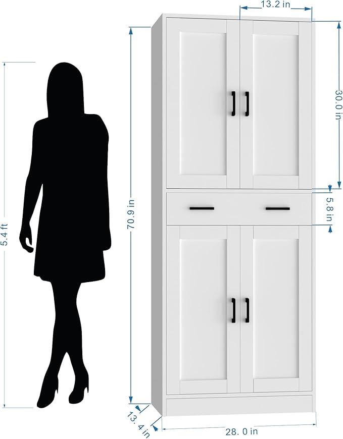 71" Tall Kitchen Pantry Cabinet, Freestanding Storage Cabinet with Drawer and 4 Doors, Large White Utility Floor Cupboard with Adjustable Shelves for Dining Room, Bathroom, Home Office