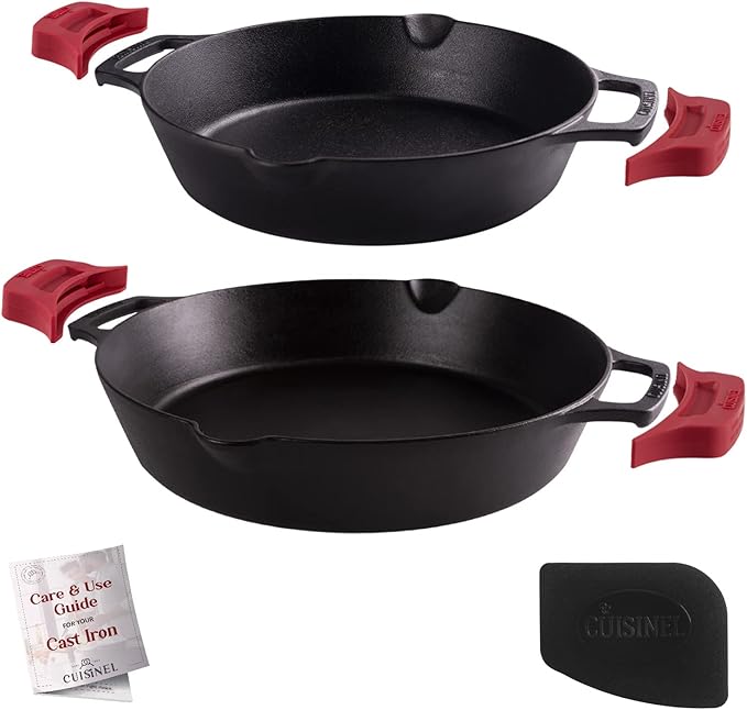 Cast Iron Skillet Set - 10" + 12"-Inch Dual Handle Frying Pans + Silicone Handle Holder Covers + Pan Scraper - Pre-Seasoned Oven, Grill, Stovetop, Induction Safe Kitchen Cookware - Indoor/Outdoor Use