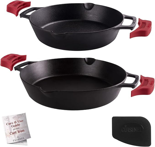 Cast Iron Skillet Set - 10" + 12"-Inch Dual Handle Frying Pans + Silicone Handle Holder Covers + Pan Scraper - Pre-Seasoned Oven, Grill, Stovetop, Induction Safe Kitchen Cookware - Indoor/Outdoor Use