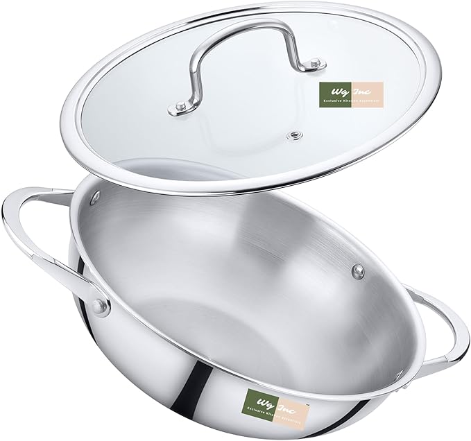 Stainless Steel Wok with Lid, 4.75 Qt / 4.5 L, All Clad Tri-ply Kadhai, 11.80 Inch Pan for Stir-Frying, Stews, Sauces, Deep Saute, Large Triply wok cookware, Trasparent Cover, Induction Compatible