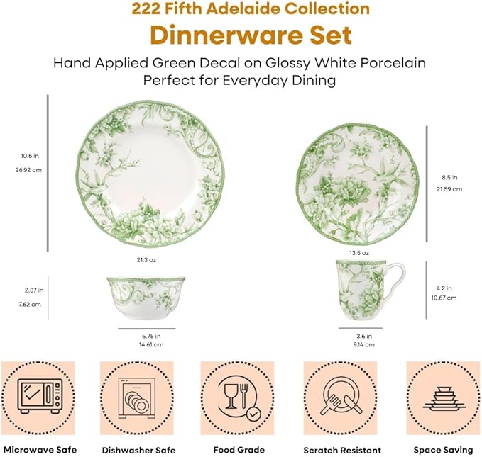 222 Fifth Adelaide Moss 16-Piece Porcelain Dinnerware Set ??Service for 4, Plates, Bowls & Mugs, Hand-Applied Decal, Microwave & Dishwasher Safe, for Everyday Dining & Entertainment