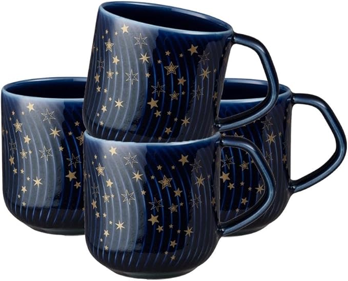 Denby - Porcelain Arc Blue Stars Coffee Mug Set of 4-13.5oz Gold Pattern Tea Mug Set For Office & Home - Dishwasher Safe, Microwave Safe - Ceramic Cups With Blue Glaze