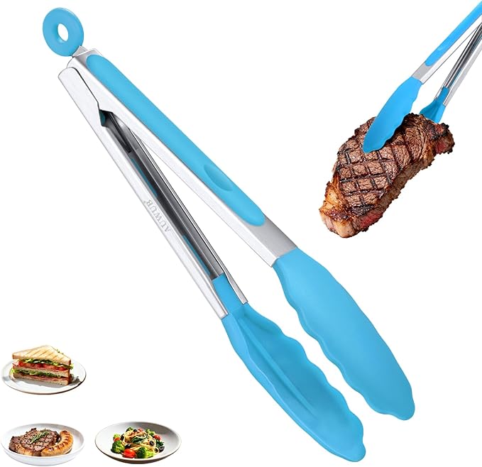 Salad Tongs, 7/9/12/16 Inch Silicone Food Tongs with 304 Stainless Steel Core, Easy-Grip, in Pistachio, Black, Blue, Orange, Red (Blue, 9inch)